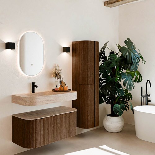 THOR-DLUX 100cm badmeubel ronding links + rechts kleur Walnut met 1 lade en 2 deuren. Vrijhangende wastafel CLOUD Links 1 kraangat kleur Saba.
