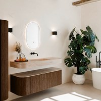 THOR-DLUX 140cm meubles de salle de bains courbe gauche + droite couleur Walnut avec 1 tiroir et 2 portes. Lavabo suspendu CLOUD Centrée sans trou pour robinet couleur Saba.