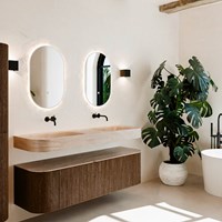THOR-DLUX 160cm badmeubel ronding links + rechts kleur Walnut met 1 lade en 2 deuren. Vrijhangende wastafel CLOUD Dubbel zonder kraangat kleur Saba.
