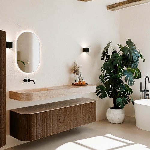 THOR-DLUX 170cm meubles de salle de bains courbe gauche + droite couleur Walnut avec 1 tiroir et 2 portes. Lavabo suspendu CLOUD Gauche sans trou pour robinet couleur Saba.