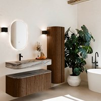 THOR-DLUX 110cm meubles de salle de bains courbe gauche + droite couleur Walnut avec 1 tiroir et 2 portes. Lavabo suspendu CLOUD Gauche 1 trou pour robinetter couleur Sombra.