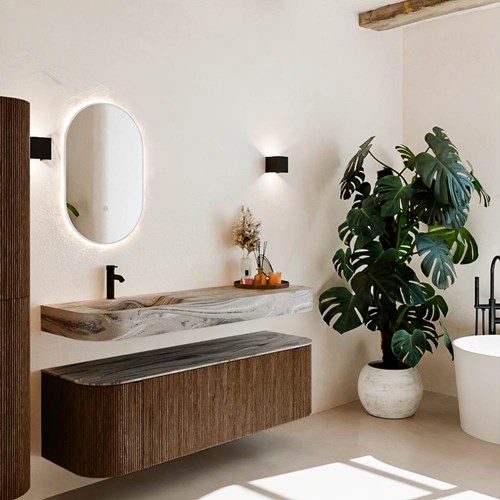 THOR-DLUX 150cm meubles de salle de bains courbe gauche + droite couleur Walnut avec 1 tiroir et 2 portes. Lavabo suspendu CLOUD Gauche 1 trou pour robinetter couleur Sombra.
