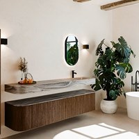 THOR-DLUX 200cm meubles de salle de bains courbe gauche + droite couleur Walnut avec 2 tiroirs et 2 portes. Lavabo suspendu CLOUD Droite 1 trou pour robinetter couleur Sombra.