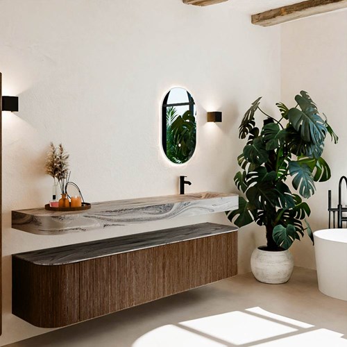 THOR-DLUX 200cm meubles de salle de bains courbe gauche + droite couleur Walnut avec 2 tiroirs et 2 portes. Lavabo suspendu CLOUD Droite 1 trou pour robinetter couleur Sombra.