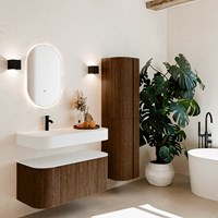 THOR 100cm meubles de salle de bains courbe gauche + droite couleur Walnut avec 1 tiroir et 2 portes. Lavabo suspendu CLOUD Gauche 1 trou pour robinetter couleur Talc.
