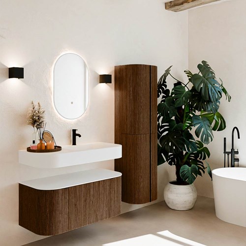 THOR 100cm meubles de salle de bains courbe gauche + droite couleur Walnut avec 1 tiroir et 2 portes. Lavabo suspendu CLOUD Droite 1 trou pour robinetter couleur Talc.