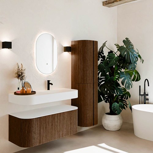 THOR 110cm meubles de salle de bains courbe gauche + droite couleur Walnut avec 1 tiroir et 2 portes. Lavabo suspendu CLOUD Droite 1 trou pour robinetter couleur Talc.