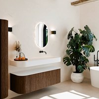 THOR 140cm mueble de baño curva izquierda + derecha color Walnut con 1 cajón y 2 puertas. Lavabo suspendido CLOUD Derecho sin orificio color Talc.