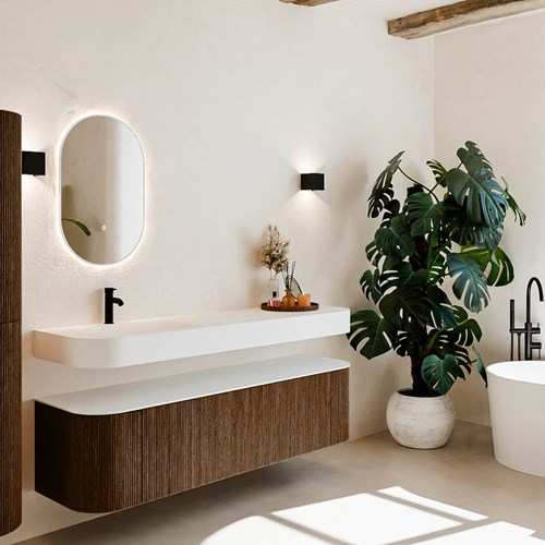 THOR 170cm bathroom vanity set curve left + right color Walnut with 1 drawer and 2 doors. Floating sink CLOUD Left 1 tab hole color Talc.