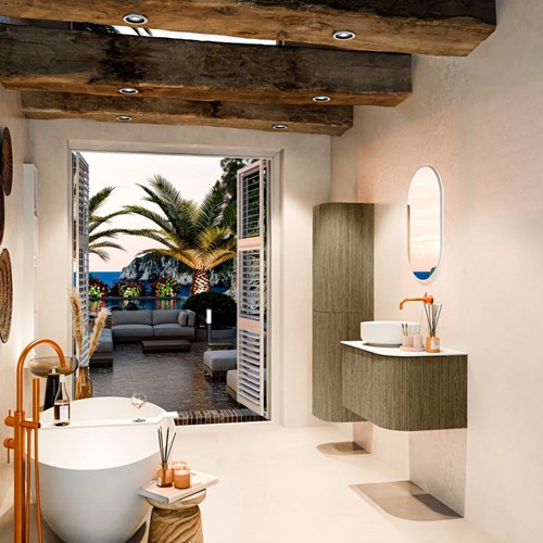 VELOR 75cm badmeubel ronding rechts kleur Dusk met 1 lade en 1 deur. Waskom COSS Links zonder kraangat kleur Talc.