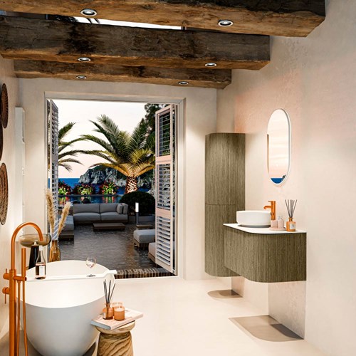 VELOR 75cm mueble de baño curva derecha color Dusk con 1 cajón y 1 puerta. Lavabos sobre encimera COSS Izquierda 1 orificio color Talc.