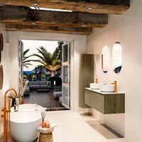 VELOR 120cm mueble de baño color Dusk con 1 cajón y sin puerta. Lavabos sobre encimera COSS Doble 2 orificios color Talc.