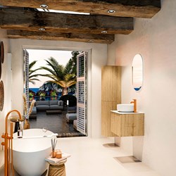 VELOR 50cm badmeubel kleur Oak met 1 lade en 0 deuren. Waskom COSS Midden 1 kraangat kleur Talc.