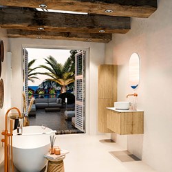 VELOR 70cm badmeubel kleur Oak met 1 lade en 0 deuren. Waskom COSS Midden zonder kraangat kleur Talc.