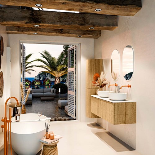 VELOR 145cm meubles de salle de bains courbe gauche couleur Oak avec 1 tiroir et 1 porte. Vasque à poser COSS Double / Droite sans trou pour robinet couleur Talc.