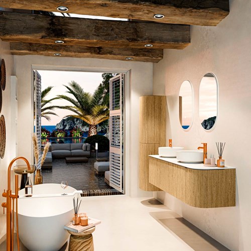 VELOR 155cm meubles de salle de bains courbe droite couleur Oak avec 2 tiroirs et 1 porte. Vasque à poser COSS Double / Gauche 2 trous robinetterie couleur Talc.
