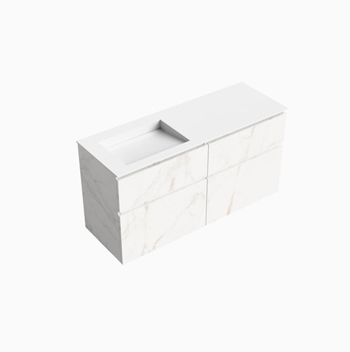 XABI 130cm badmeubel onderkast Carrara 4 lades. Wastafel AVON Links zonder kraangat kleur Talc.