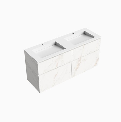XABI 140cm badmeubel onderkast Carrara 4 lades. Wastafel AVON Dubbel 2 kraangaten kleur Talc.