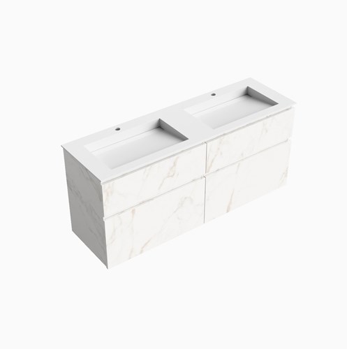 XABI 150cm badmeubel onderkast Carrara 4 lades. Wastafel AVON Dubbel 2 kraangaten kleur Talc.
