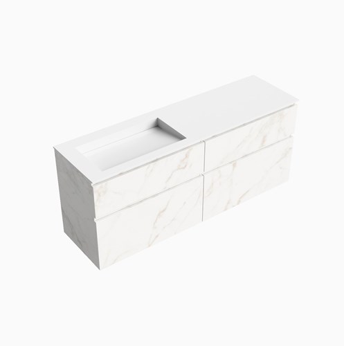 XABI 160cm badmeubel onderkast Carrara 4 lades. Wastafel AVON Links zonder kraangat kleur Talc.
