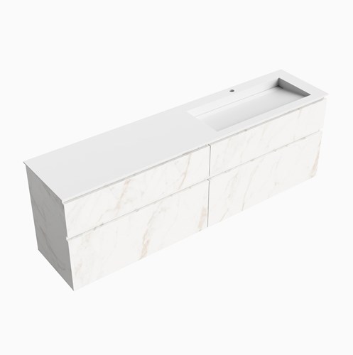 XABI 200cm badmeubel onderkast Carrara 4 lades. Wastafel AVON Rechts 1 kraangat kleur Talc.