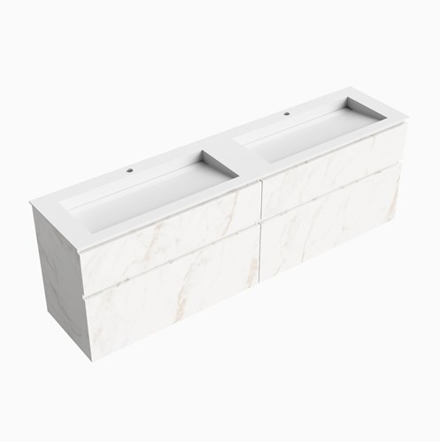 XABI 200cm badmeubel onderkast Carrara 4 lades. Wastafel AVON Dubbel 2 kraangaten kleur Talc.