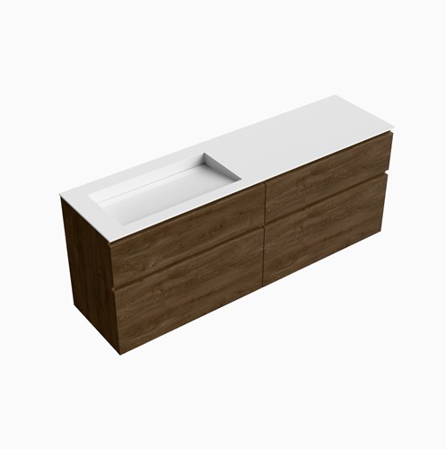 XABI 170cm badmeubel onderkast Mocha 4 lades. Wastafel AVON Links zonder kraangat kleur Talc.