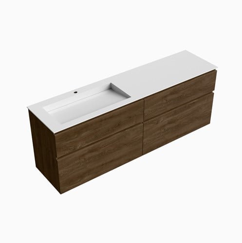 XABI 180cm badmeubel onderkast Mocha 4 lades. Wastafel AVON Links 1 kraangat kleur Talc.