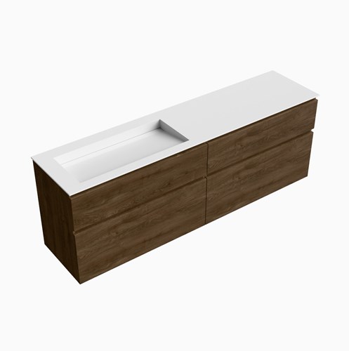 XABI 190cm badmeubel onderkast Mocha 4 lades. Wastafel AVON Links zonder kraangat kleur Talc.