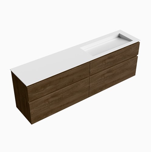 XABI 200cm badmeubel onderkast Mocha 4 lades. Wastafel AVON Dubbel zonder kraangat kleur Talc.