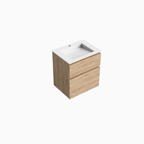 XABI 60cm badmeubel onderkast Washed Oak 2 lades. Wastafel AVON Midden 1 kraangat kleur Talc.