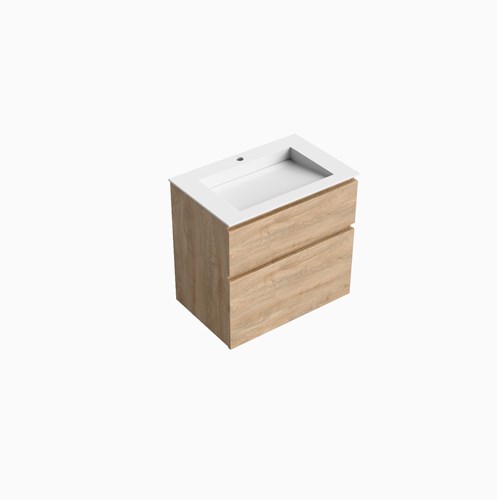XABI 70cm badmeubel onderkast Washed Oak 2 lades. Wastafel AVON Midden 1 kraangat kleur Talc.