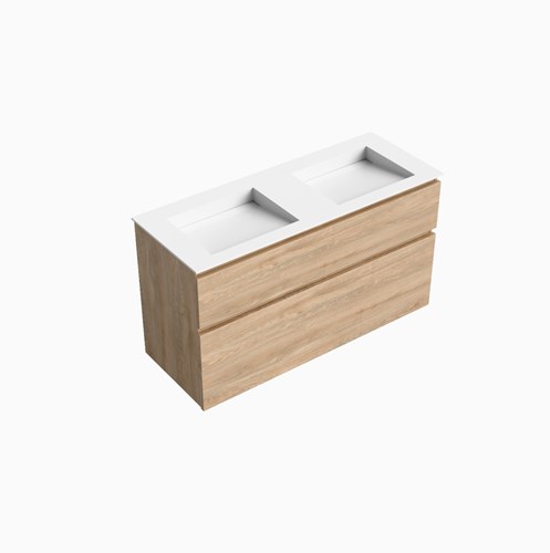 XABI 120cm badmeubel onderkast Washed Oak 2 lades. Wastafel AVON Dubbel zonder kraangat kleur Talc.