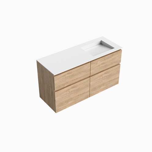 XABI 120cm badmeubel onderkast Washed Oak 4 lades. Wastafel AVON Rechts zonder kraangat kleur Talc.