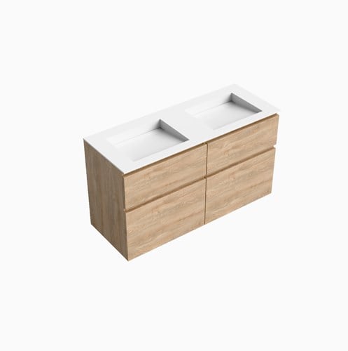 XABI 120cm badmeubel onderkast Washed Oak 4 lades. Wastafel AVON Dubbel 2 kraangaten kleur Talc.