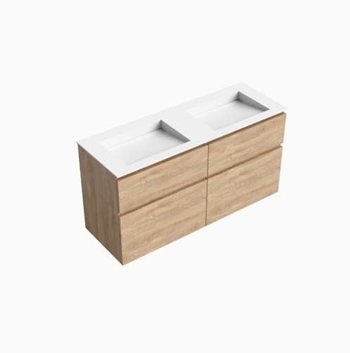 XABI 130cm badmeubel onderkast Washed Oak 4 lades. Wastafel AVON Dubbel zonder kraangat kleur Talc.