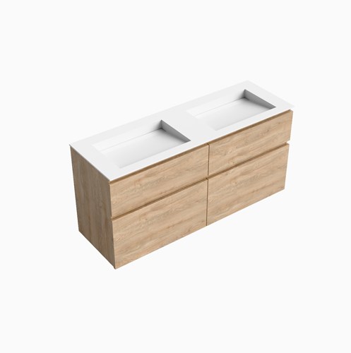 XABI 140cm badmeubel onderkast Washed Oak 4 lades. Wastafel AVON Dubbel zonder kraangat kleur Talc.