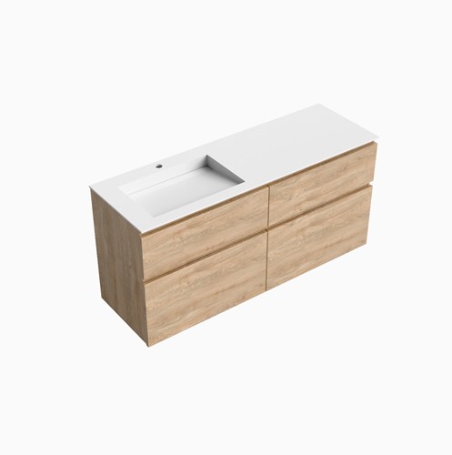 XABI 140cm badmeubel onderkast Washed Oak 4 lades. Wastafel AVON Links 1 kraangat kleur Talc.