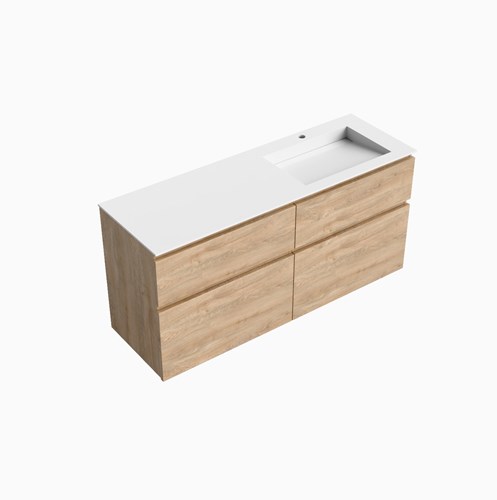 XABI 140cm badmeubel onderkast Washed Oak 4 lades. Wastafel AVON Rechts 1 kraangat kleur Talc.