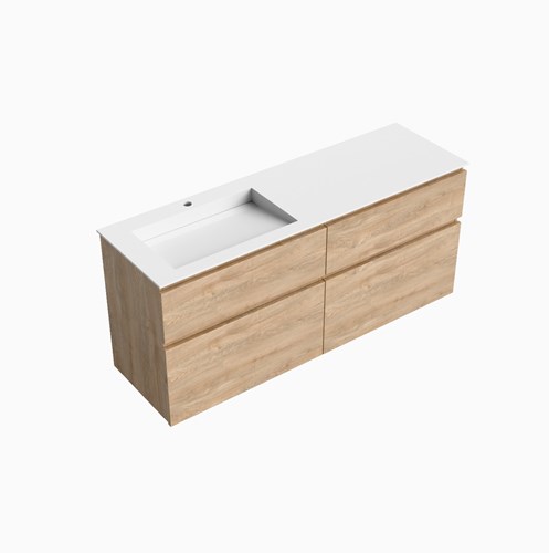 XABI 150cm badmeubel onderkast Washed Oak 4 lades. Wastafel AVON Links 1 kraangat kleur Talc.