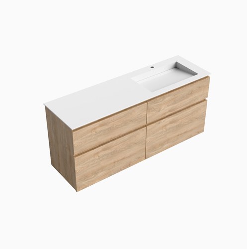 XABI 150cm badmeubel onderkast Washed Oak 4 lades. Wastafel AVON Rechts 1 kraangat kleur Talc.