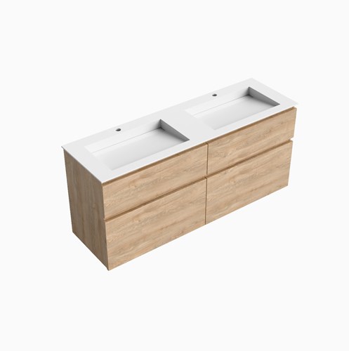 XABI 150cm badmeubel onderkast Washed Oak 4 lades. Wastafel AVON Dubbel 2 kraangaten kleur Talc.