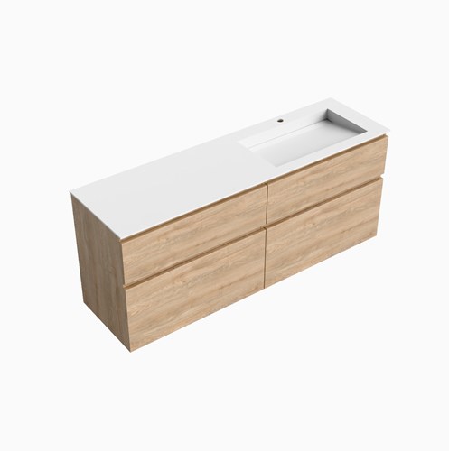 XABI 160cm badmeubel onderkast Washed Oak 4 lades. Wastafel AVON Rechts 1 kraangat kleur Talc.