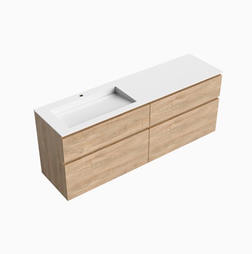 XABI 170cm badmeubel onderkast Washed Oak 4 lades. Wastafel AVON Links 1 kraangat kleur Talc.