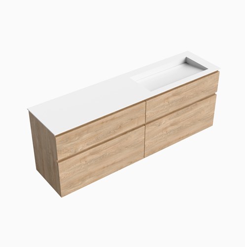 XABI 180cm badmeubel onderkast Washed Oak 4 lades. Wastafel AVON Rechts zonder kraangat kleur Talc.