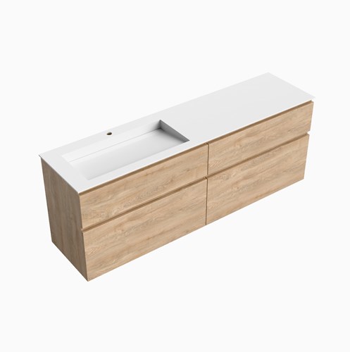 XABI 180cm badmeubel onderkast Washed Oak 4 lades. Wastafel AVON Links 1 kraangat kleur Talc.