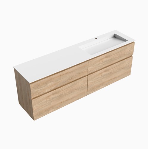XABI 190cm badmeubel onderkast Washed Oak 4 lades. Wastafel AVON Rechts 1 kraangat kleur Talc.