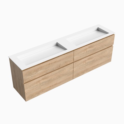 XABI 200cm badmeubel onderkast Washed Oak 4 lades. Wastafel AVON Links zonder kraangat kleur Talc.