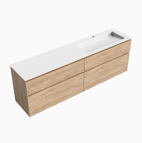 XABI 200cm badmeubel onderkast Washed Oak 4 lades. Wastafel AVON Rechts 1 kraangat kleur Talc.