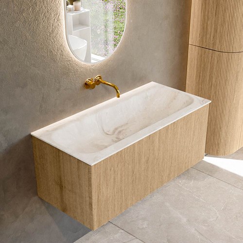 KURVE-DLUX 100cm badmeubel kleur Oak met 1 lade en 0 deuren. Wastafel BIG MEDIUM Midden zonder kraangat Frappe.